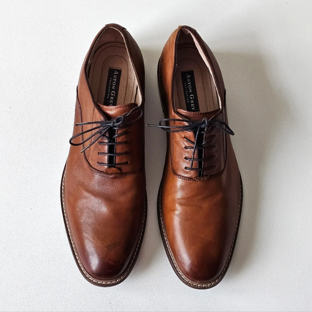 Aston Grey Leu Men’s Oxford Dress Shoes Cognac Brown Leather Lace Up Size 13